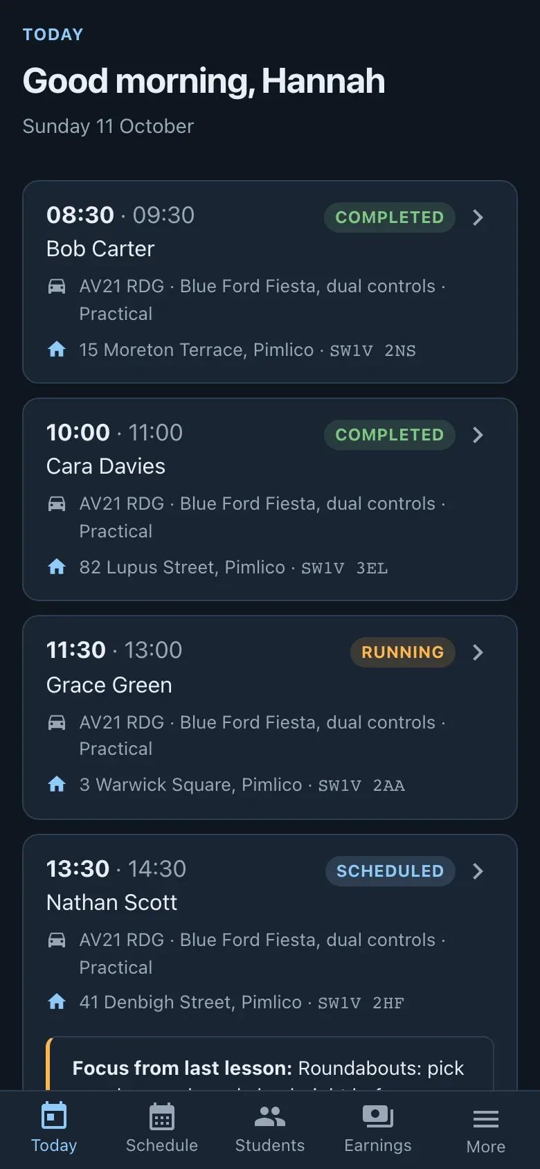 Passdesk instructor's Today screen on a phone: the day's lessons with pickup addresses, each marked completed, running or scheduled.