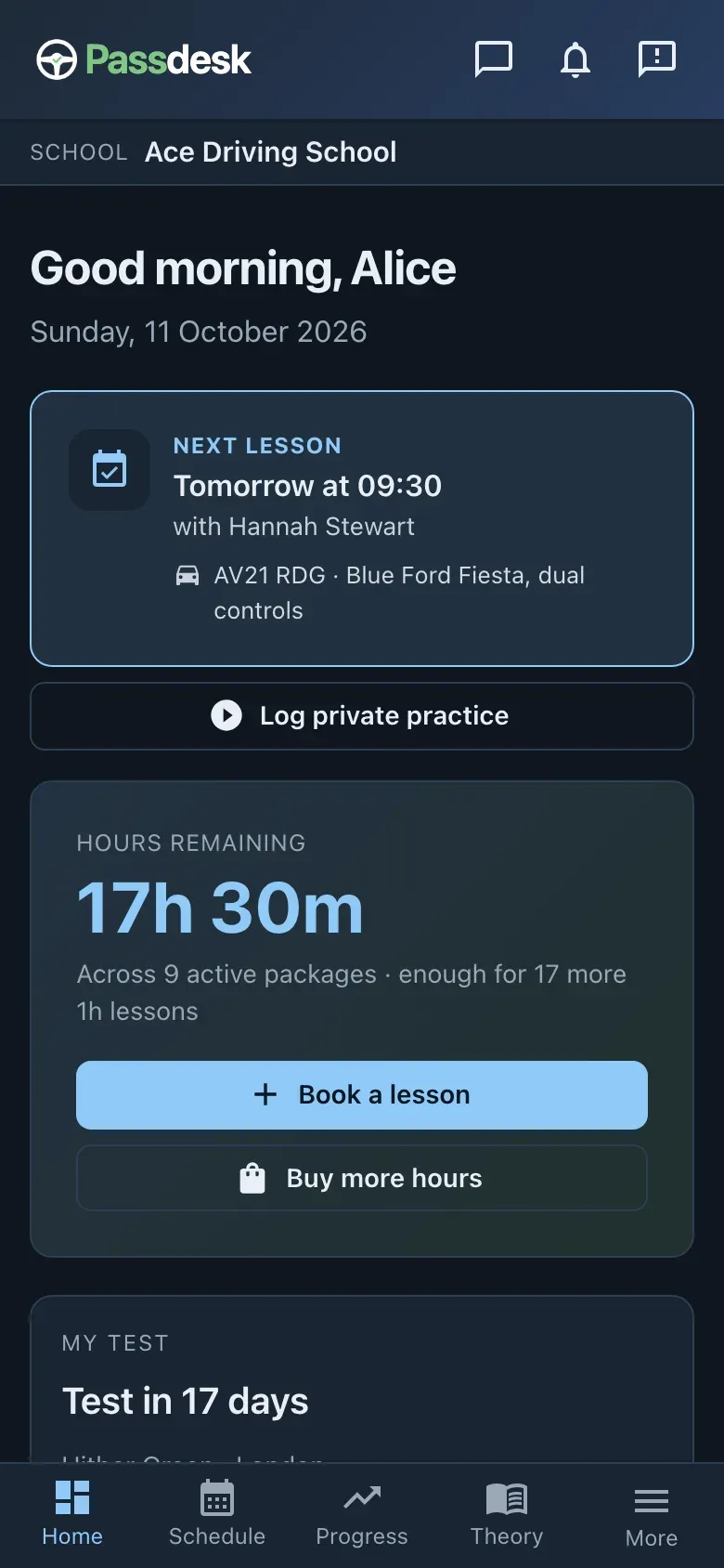 Passdesk student home on a phone: next lesson, hours remaining, book-a-lesson and log-private-practice actions, and a countdown to the driving test.